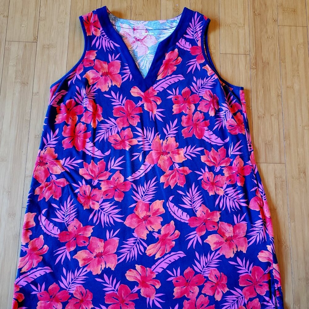 2X Plus Size Lands' End Cotton Knit Sleeveless Swim Cover-up Dress Floral Print